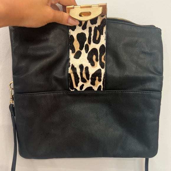 New Aldo Black Leopard Print Leather Bag Clutch Handbag Purse - Picture 2 of 6